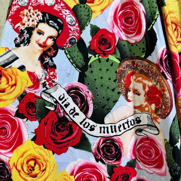 HELL BUNNY Skirt Small Dias De Los Muertos Roses A-Line Rockabilly Full Sweep - Picture 9 of 14